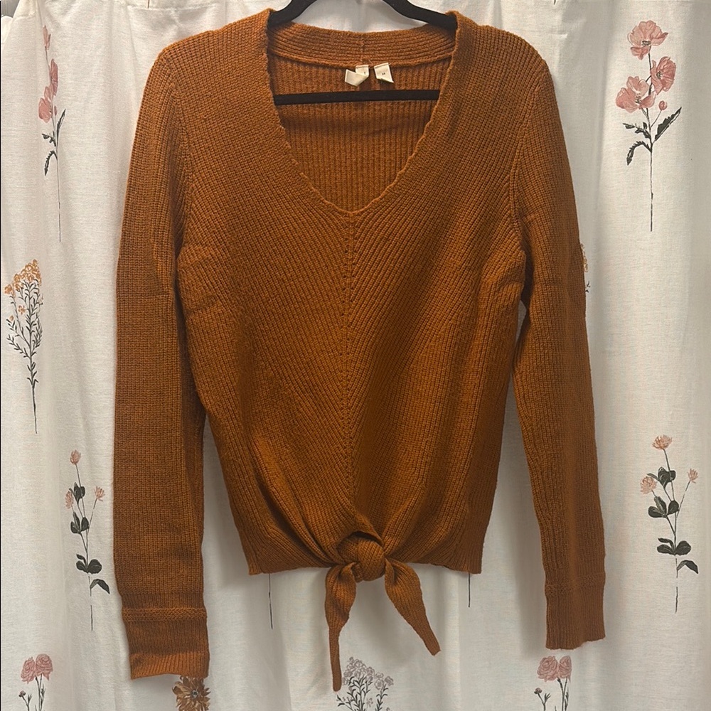 Rust V-Neck Tie-Front Sweater